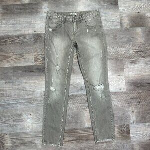 Free People Jeans 27x29" Mid Rise Skinny Gray Denim Distressed Shark Bite